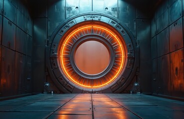 Futuristic metallic portal glows with orange light in dark sci-fi scene. Industrial metal walls, floor with teal blue accents create mysterious atmosphere. Circular gateway, resembling spaceship