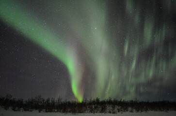 A stunning display of the Aurora Borealis, also known as the Northern Lights, illuminates the night...