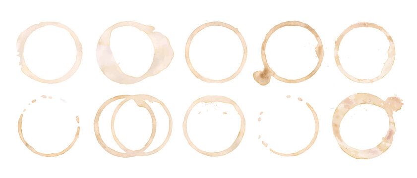 Coffee cup or tea stain drink ring vector illustration set isolated on white background. Coffee stain mark trace ring cup spot trace. Brown round splashes of drink collection.