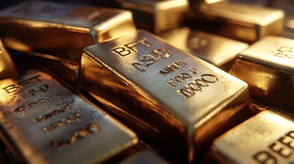 Close-up Stacking of Shiny Gold Bars, Investment Bullion for Financial Security and Wealth