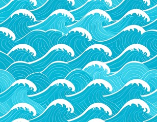 Seamless pattern of stylized ocean waves in shades of blue and white (1)