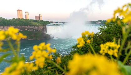 Niagara Falls viewed through yellow flowers.