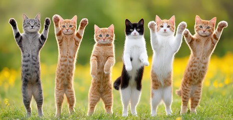 Six playful cats standing on hind legs in a grassy outdoor field