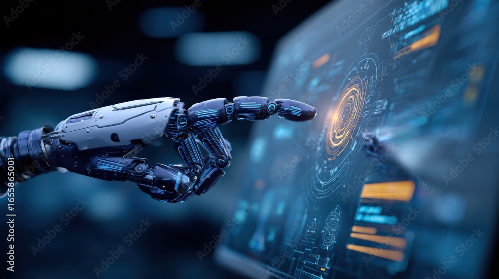 Poster advanced robotic arm interacting with digital interface display, representing artificial intelligenc