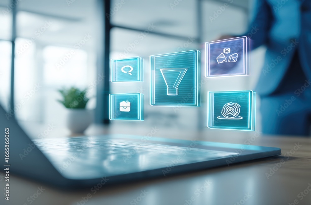 Poster abstract digital interface above laptop display showcasing business workflow and data analysis for e