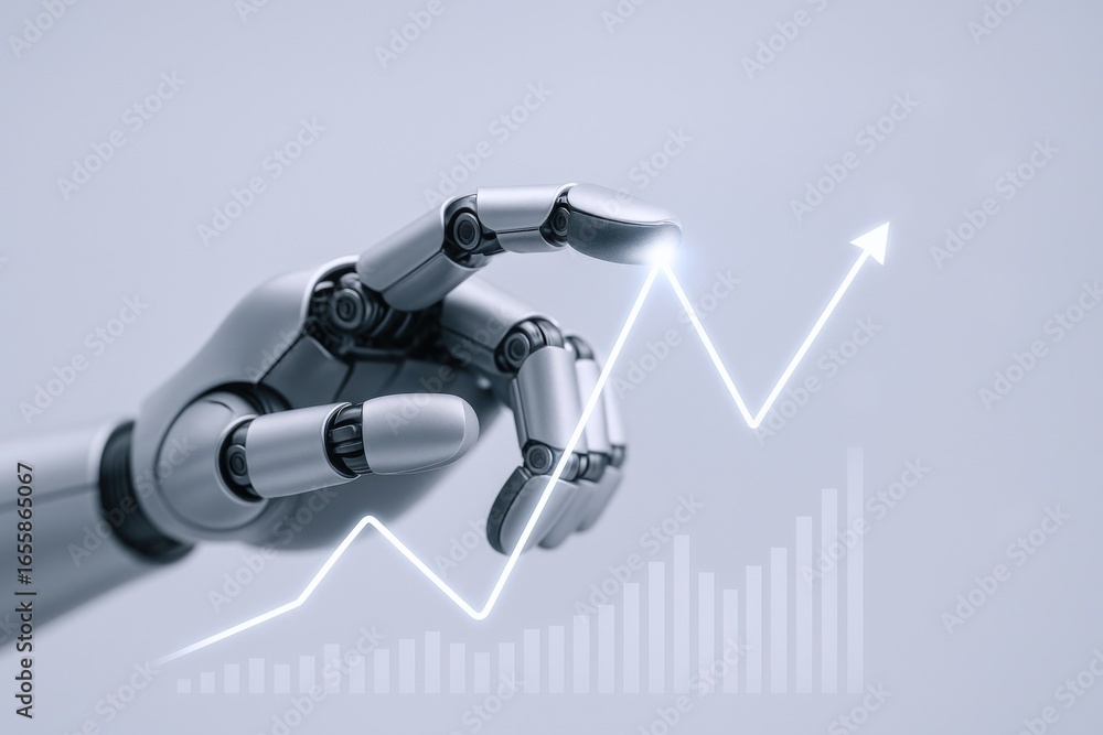 Poster robotic hand pointing at ascending graph, symbolizing artificial intelligence growth and technologic