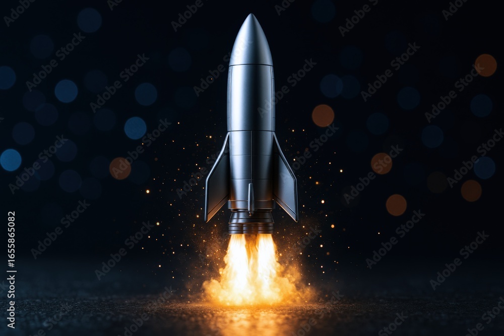 Poster rocket launching with fiery exhaust and bokeh background for business growth and innovation concepts