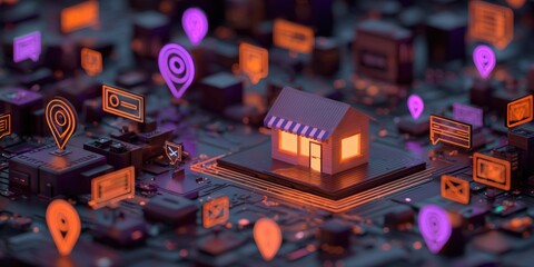 Digital storefront conceptual illustration depicting online commerce and location-based services within a technology-driven marketplace