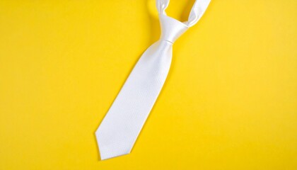 White necktie neatly tied and centered against a vibrant yellow background
