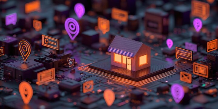 Digital storefront conceptual illustration depicting online commerce and location-based services within a technology-driven marketplace