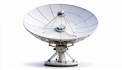 Large white satellite dish antenna mounted on a cylindrical base, supported by a metal framework
