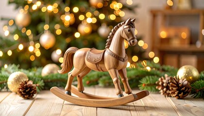 Wooden rocking horse placed on a decorated table with pinecones and garlands, set against a glowing Christmas tree