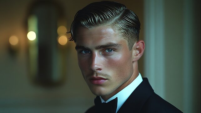 Low fade crew cut the hair on top cut short but styled for a polished refined look set against a formal backdrop with clean sharp lighting to highlight the precise nature of the haircut