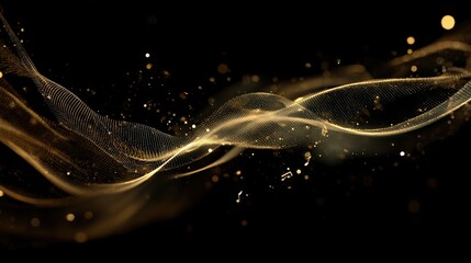 Elegant Gold Wave Particle Stream Flowing on Black Background - Abstract Luxury Design