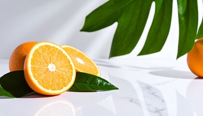 Fresh orange slices and leaves on a white surface, showcasing vibrant colors and natural light.