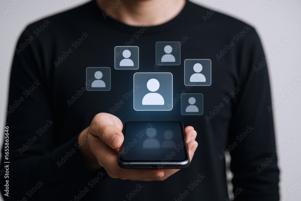 Poster man holding phone displaying online social network connections, digital communication and global int