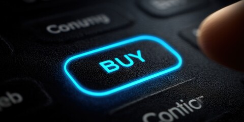 Illuminated Buy Button Close-Up: Online Shopping Concept for E-commerce Platforms and Digital Transactions on Black Keyboard