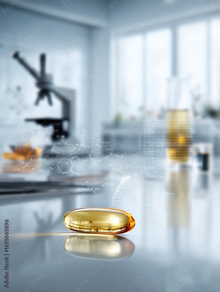 Poster omega-3 gold capsule on lab table with microscope and beaker, science research and development