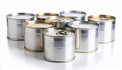 Group of five metal cans arranged on a white surface, with one can partially opened using a pull-tab