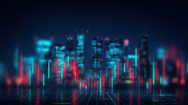 Futuristic Cityscape with Stock Market Data Overlay: Investment, Technology, and Urban Finance Concept