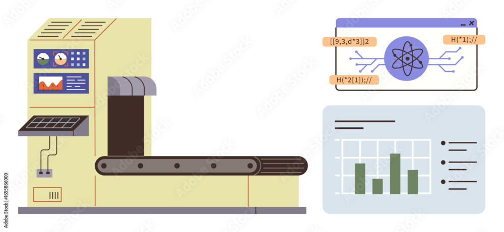 Aufkleber automated conveyor system paired with screens displaying analysis, scientific data, and performance 