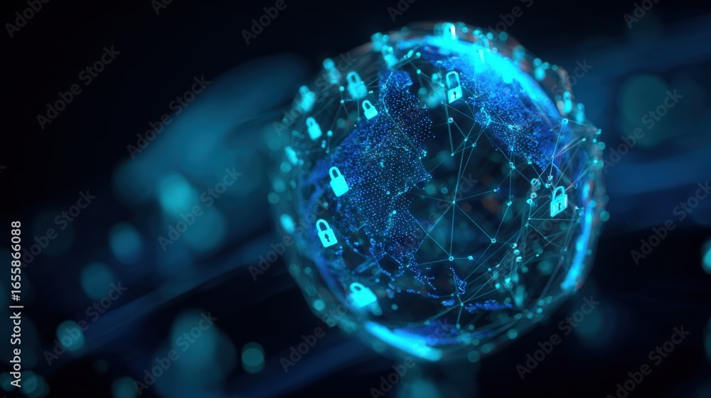 Poster global data protection concept: abstract network sphere with padlocks, illustrating cybersecurity an