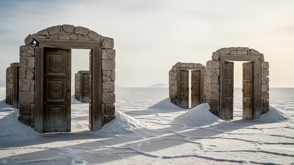 Surreal landscape with multiple open doors in a snowy terrain, evoking curiosity and exploration