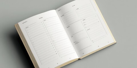 Open notebook mockup displays an organized weekly schedule against a neutral grey background