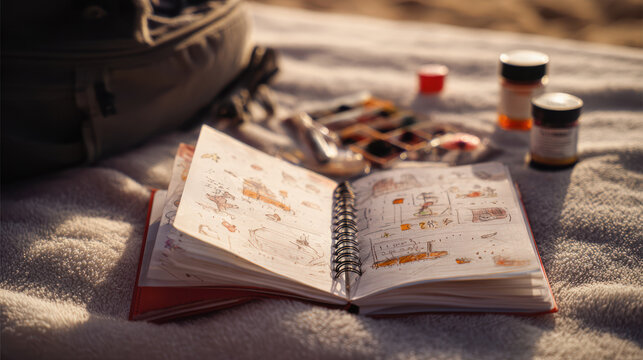 Detailed travel journal with vacation drawings on a soft, inviting blanket ready to display.