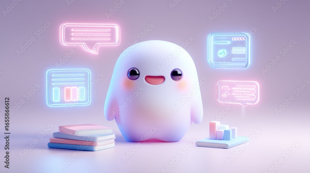 Poster cute 3d character with neon ui elements for digital marketing and tech concepts