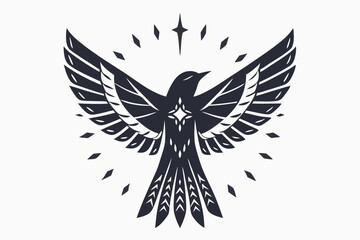 Stylized black soaring bird spreads its wings amidst shining starbursts and diamond particles here