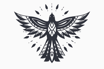 Obraz premium Stylized dark bird spreads patterned wings, creating striking symmetry with decorative elements around it