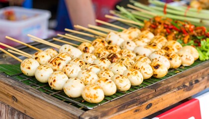 Grilled eggs on skewers, displayed on a wooden tray at a street food market.