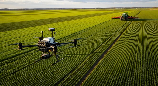 Drone surveys farmland with tractor in rural agriculture field.
