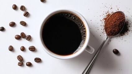 White cup filled with black coffee surrounded by scattered coffee beans and a metal spoon heaped with ground coffee on white background