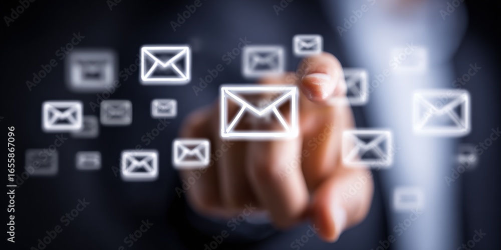 Poster man touching digital email icons on screen, representing communication and digital correspondence