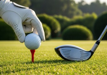 A hand in a white glove places a golf ball on a tee