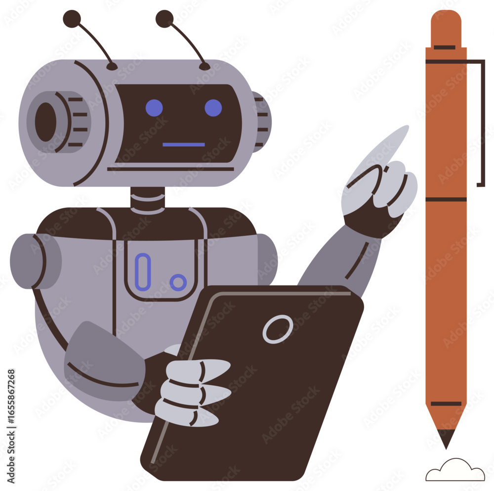 Poster robot interacting with a tablet while gesturing at a large pen, symbolizing creativity, automation, 