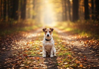 A Jack Russell terrier sits on a path covered in fallen leaves in a sunlit forest