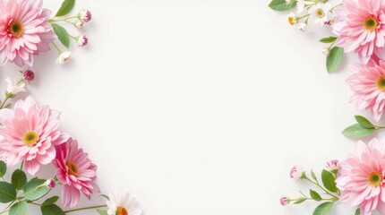 Obraz premium Soft pink dahlias and greenery frame a clean white background