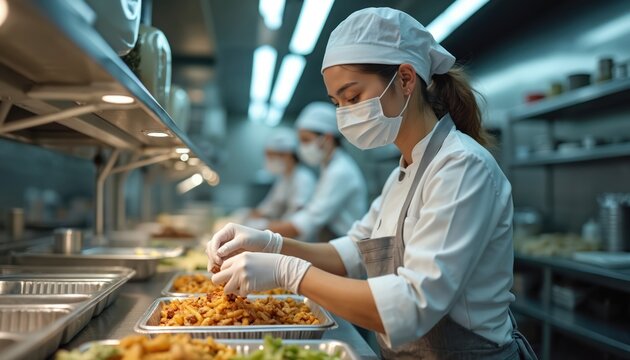 Asian woman chef wearing mask, gloves prepares food in commercial kitchen. Staff in protective gear work nearby. Focus on hygiene, safety, pro food preparation in catering establishment. Represents - Powered by Adobe