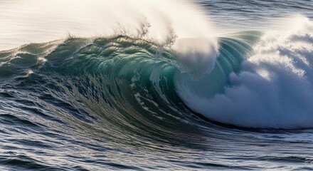 A powerful wave crests with translucent turquoise water and white spray