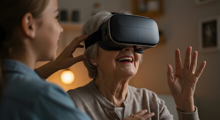 An elderly woman experiencing virtual reality with help from a younger person. This image evokes a sense of curiosity and technological advancement with an emotional connection