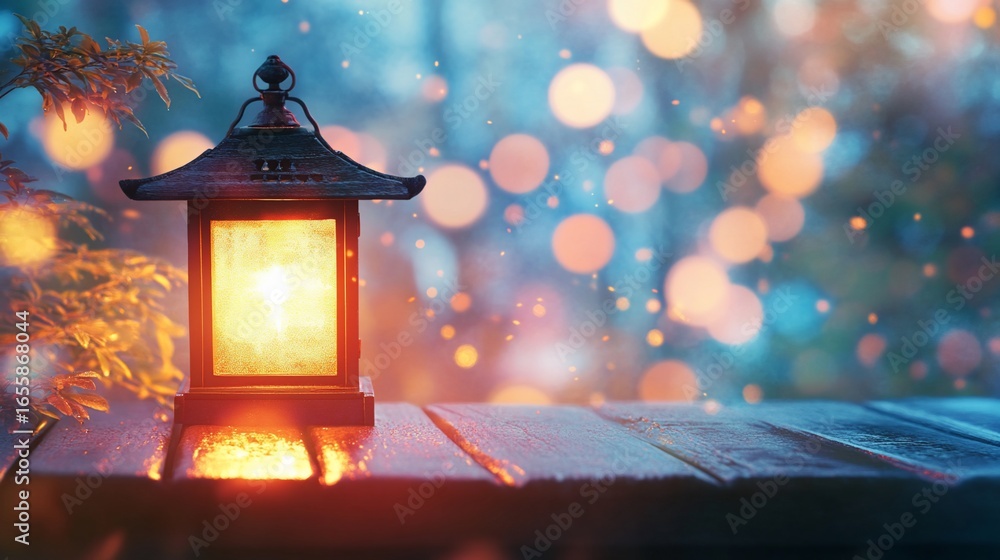 Poster illuminated lantern with bokeh lights background on a wooden surface