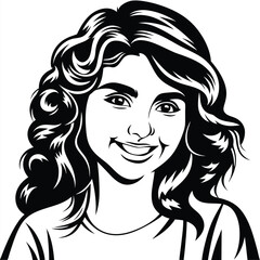 Smiling young woman with curly hair, outlined in black, displays an inviting and friendly expression
