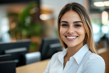 Portrait of a smiling young female hotel receptionist generative AI image