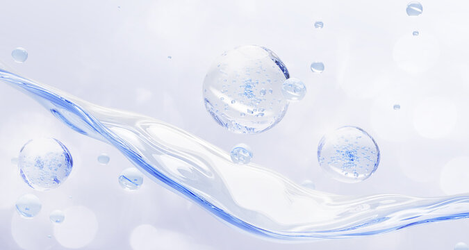 Aqua moisture gel cream texture 3d render bg. Water wave and blue liquid drops with bubbles. Hyaluronic acid, panthenol for skin care. Hydrating oil with niacinamide, peptides vitamin. 3D illustration