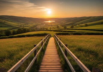 A wooden boardwalk leads through a grassy meadow toward a sunlit valley and lake