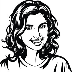 Smiling Caucasian woman with curly hair rendered in a bold black and white line