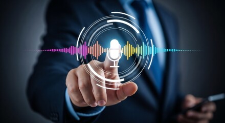 Voice recording. Man touching microphone icon on smart phone. Mobile application Record sound, audio, music, voice message. or Use your voice to direct AI to search for information on Internet.	
